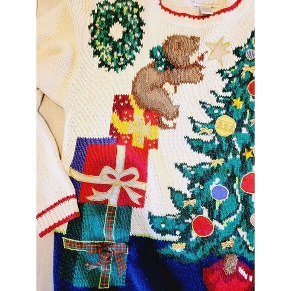 Casual Corner L Heavy Embroidered Bears Christmas Sweater Sz L Vintage 80's - Picture 4 of 8